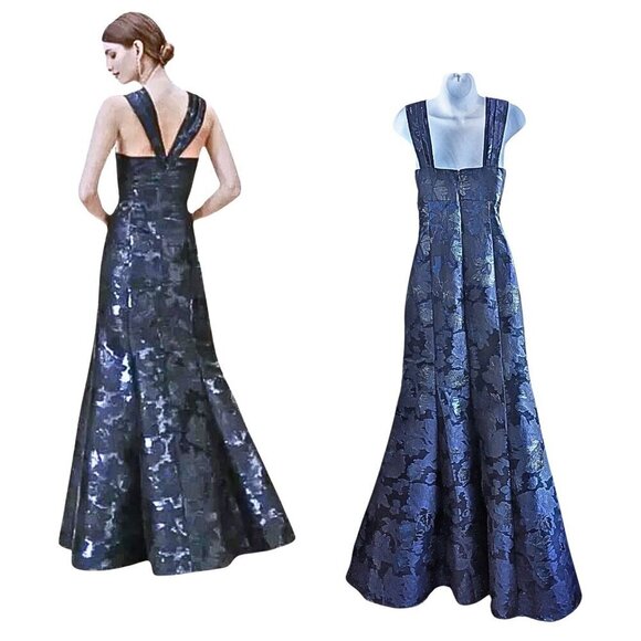 NWT BHLDN Aidan Mattox Midnight Blue Damask Godet Halter Luxe Mermaid Gown Sz 4 - Picture 7 of 9